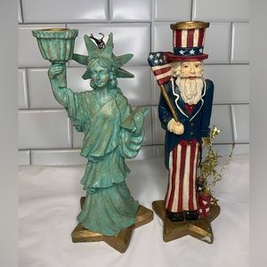 Candlestick Holders Patriotic Statue Of Liberty And Uncle Same Wooden Stands
